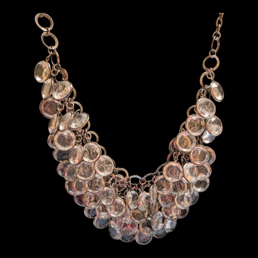 Gold Tone Statement Bib Necklace with Faceted Crystal Drops - Picture 2 of 4